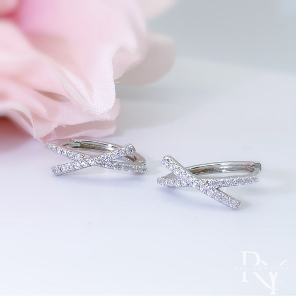 Moissanite Huggies, Big X Shape Huggie Earrings, Solid Silver Diamonds Hoop - Picture 3 of 8